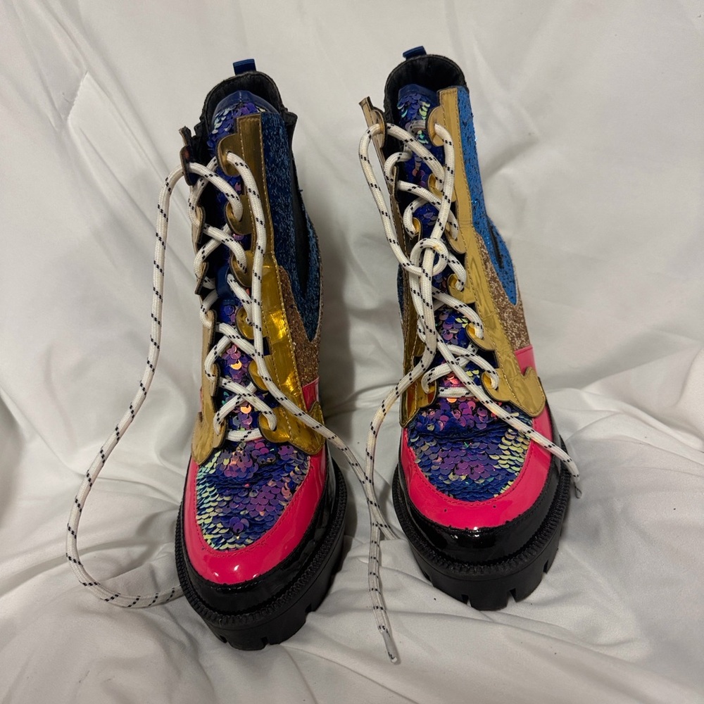 Cape Robbin Multicolor Sequin Lace-Up Platform Boots - Pink, Blue, Gold